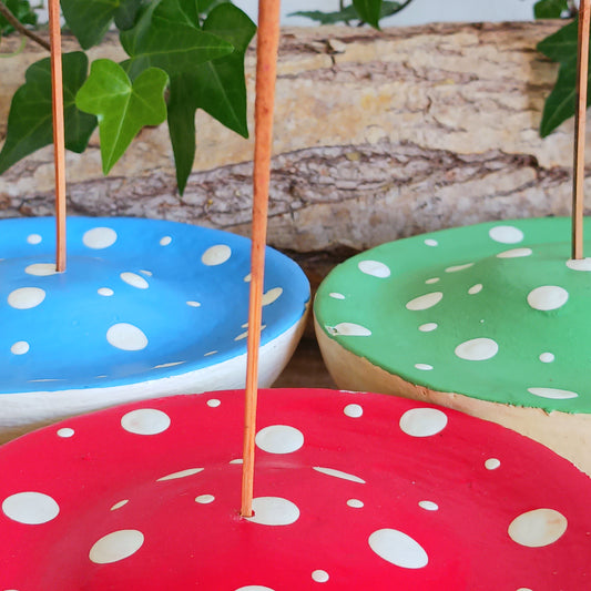 Bring woodland charm to your space with these hand-painted wooden mushroom incense holders. Each piece features a white stalk and a vibrant, spotty cap in your choice of blue, green or red. Designed with a central incense stick holder, these mushrooms are perfect for adding a whimsical, on-trend touch to your décor.