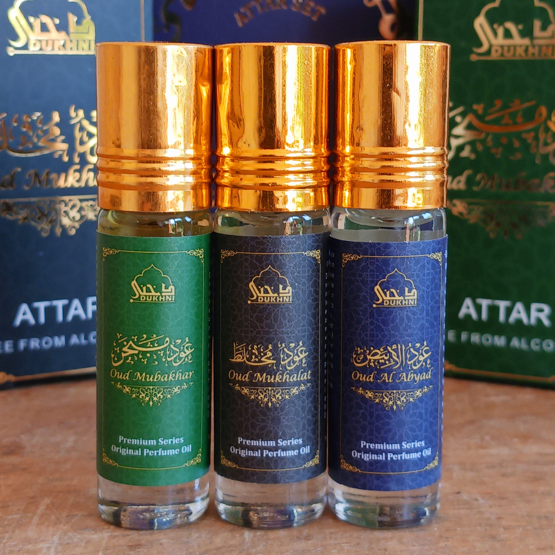 Discover the timeless luxury of the Royal Oud Attar Perfume Oil Set, featuring three exquisite 6ml alcohol-free fragrance oils inspired by the rich traditions of Arabian perfumery. Crafted from highly concentrated perfume oils, these premium attars offer a long-lasting scent that develops naturally on the skin, creating a deeply personal fragrance experience.