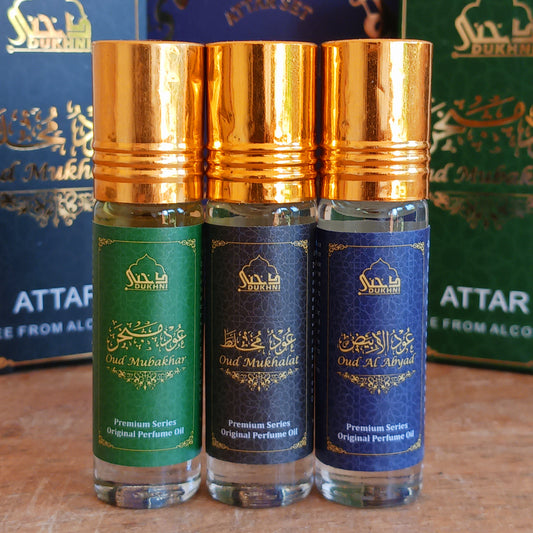 Discover the timeless luxury of the Royal Oud Attar Perfume Oil Set, featuring three exquisite 6ml alcohol-free fragrance oils inspired by the rich traditions of Arabian perfumery. Crafted from highly concentrated perfume oils, these premium attars offer a long-lasting scent that develops naturally on the skin, creating a deeply personal fragrance experience.