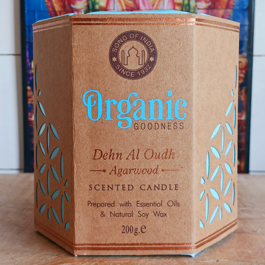 Organic Goodness candle scented with Agarwood and Oud essential oils creating a warm and inviting woody scent.