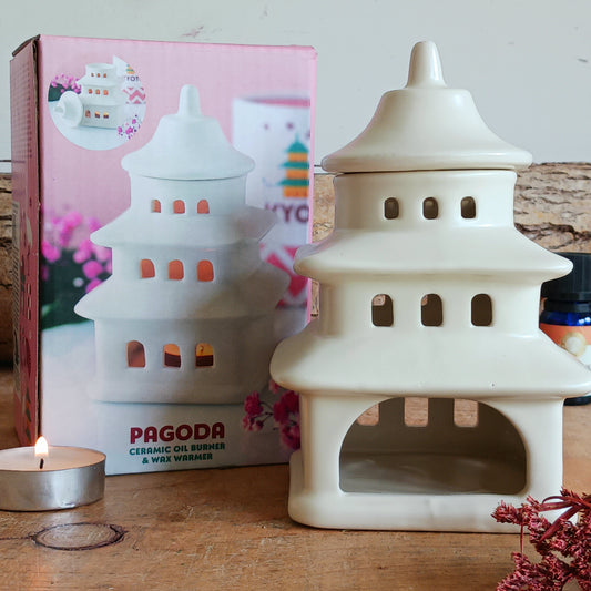 Bring a sense of tranquillity and elegance to your home with this Japanese Pagoda Oil Burner &amp; Wax Melt Warmer. Inspired by traditional Japanese architecture, this beautifully designed ceramic burner creates a calming atmosphere while filling your space with your favourite fragrances.