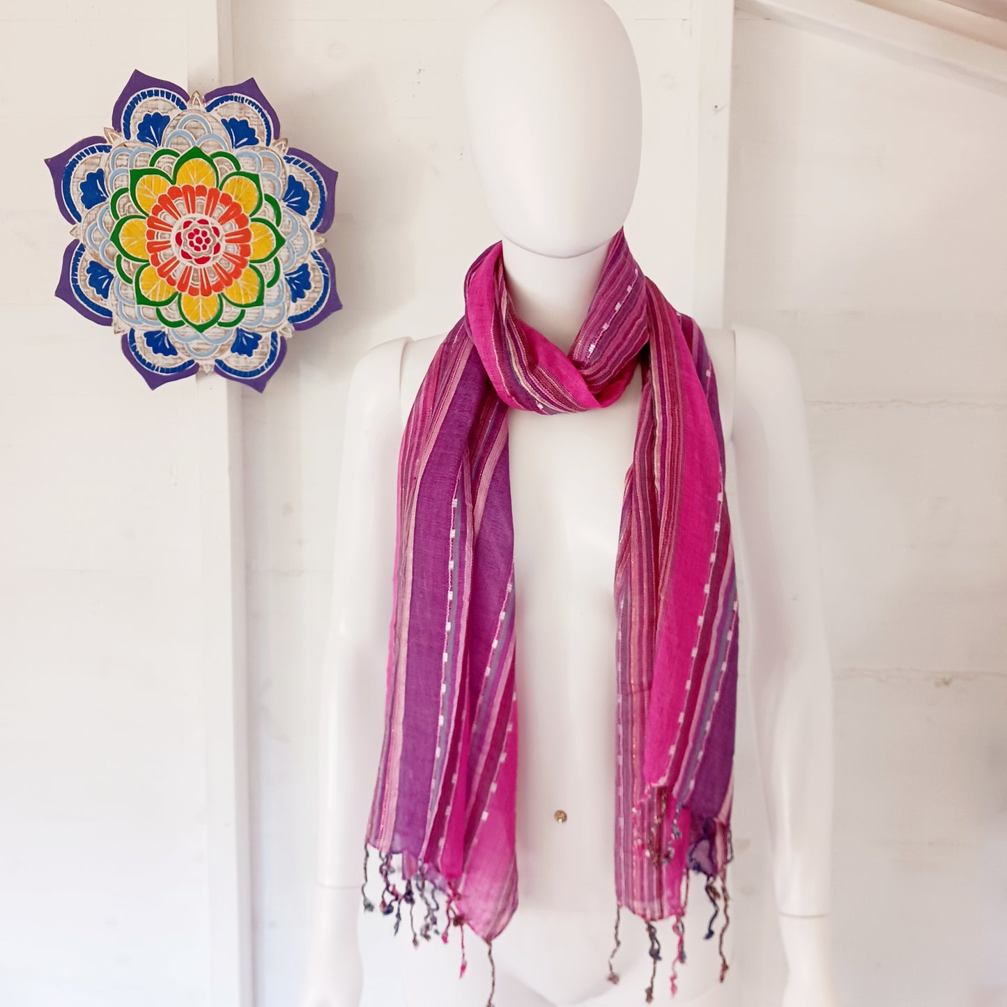 Immerse yourself in the alluring world of bohemian fashion with this delicate Indian Boho Scarf. Crafted with care, each scarf captures the essence of India's free-spirited charm, adding a touch of Boho elegance to your outfit. 