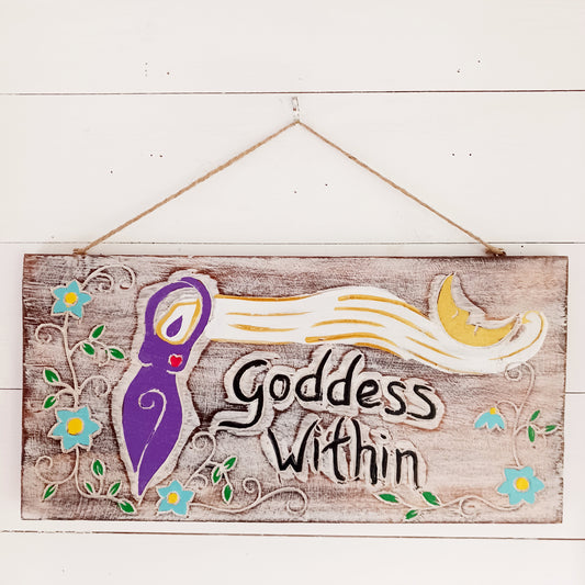 Celebrate your inner strength and feminine energy with this handmade rustic plaque, etched with the empowering message: "Goddess Within" and a beautifully detailed goddess figure. Crafted with care and finished with a sturdy, thick twine cord, this charming piece is perfect for hanging on walls, doors, sheds, or even trees. Whether indoors or out, it's a magical touch for any sacred space or nature-inspired decor.