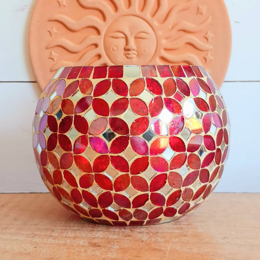 Add a warm, colourful glow to your home with this large and beautiful handmade Meena mosaic glass tealight holder, crafted by a World Fair Trade Organisation (WFTO) approved supplier in India.