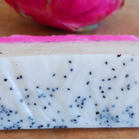 Treat yourself to a tropical burst of fragrance with this wonderful Dragon Fruit Handmade Soap. Lovingly made using the melt-and-pour method, this beautifully scented soap combines a delicious dragon fruit fragrance with poppy seeds to provide a gentle exfoliating scrub that helps remove dead skin, leaving hands and body feeling smooth, refreshed and nourished.