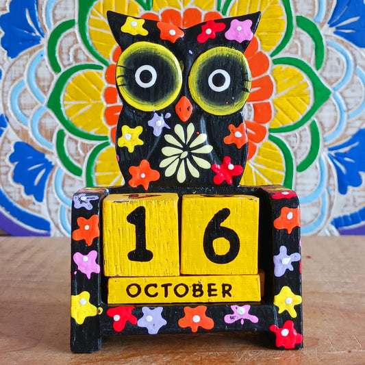 Bring a touch of charm and colour to your workspace with this fun, hand-painted wooden owl calendar. Featuring a beautifully painted owl, this eco-friendly calendar is both practical and decorative. Simply rotate the wooden blocks each day to keep track of the date—no paper waste, no replacements needed. A reusable, year-round desk accessory that makes a thoughtful, sustainable gift for owl lovers, students, and anyone who appreciates unique, handmade treasures.