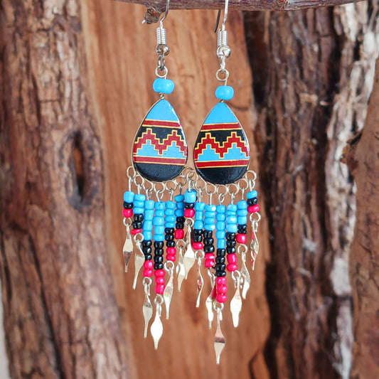 Handmade Incan teardrop earrings with traditional patterns & silver hooks. Ethically made in Peru. Unique, vibrant & perfect for Boho or gift giving.