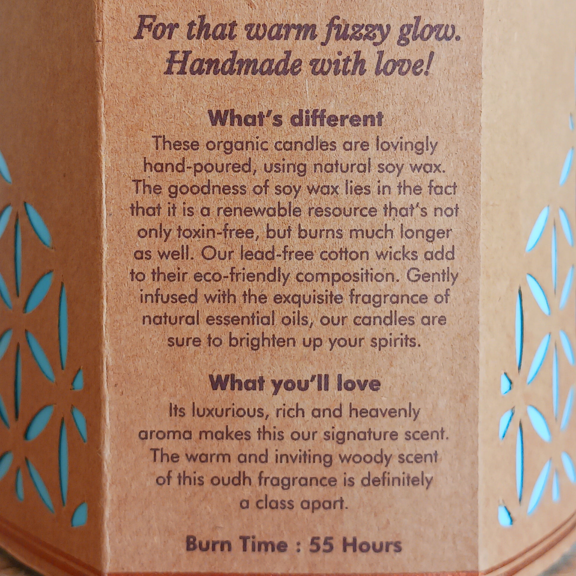 Organic Goodness candle scented with Agarwood and Oud essential oils creating a warm and inviting woody scent.