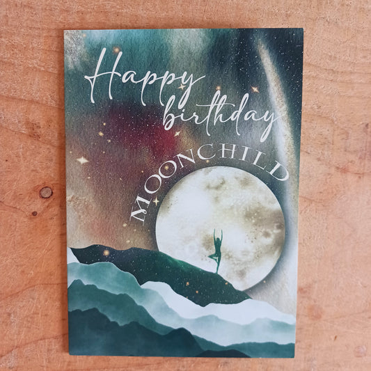 Beautiful, Moon Child greetings Birthday card to send to family and friends. Comes with an illustrated envelope.