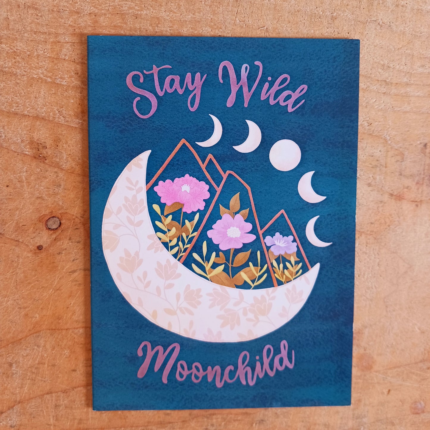 Stay Wild Moonchild friendship and encouragement, all occasion greetings card. This card is blank inside for you to write your own message. It comes with an illustrated envelope. Each card also has faint artwork inside.