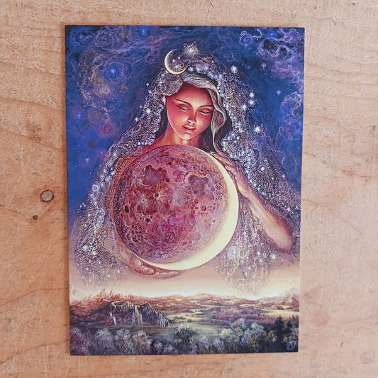 This beautiful greetings card entitled Moon Goddess is designed by Josephine Wall. The card is blank inside for you to write your own message. Each envelope is decorated with pretty artwork too. Perfect for any occasion.