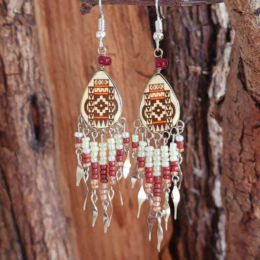 Handmade Incan teardrop earrings with traditional patterns & silver hooks. Ethically made in Peru. Unique, vibrant & perfect for Boho or gift giving.