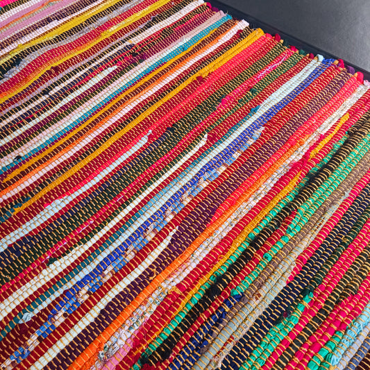 These Indian rugs are hand made from cotton and recycled materials from the Indian textile industry, so they're very eco friendly and great value. They can be used in any room and will bring instant comfort and style to your home. 
