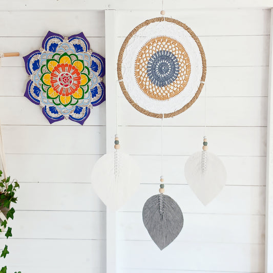 Bring peace, balance, and natural elegance into your home with this handmade large brown Elemental Spirits Dream Catcher. Crafted with love and care on the spiritually blessed island of Bali, this vegan-friendly piece is made entirely from natural materials, free of feathers. Its earthy tones and organic textures create a warm and grounding presence, perfect for bedrooms, meditation spaces, or as a thoughtful gift.