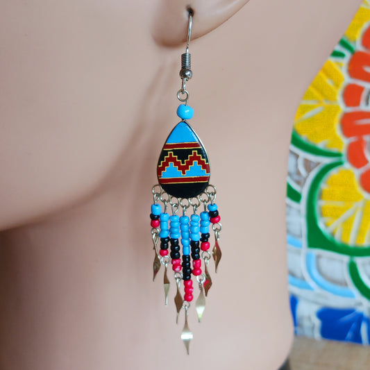 Handmade Incan teardrop earrings with traditional patterns & silver hooks. Ethically made in Peru. Unique, vibrant & perfect for Boho or gift giving.