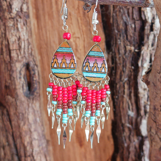 Handmade Incan teardrop earrings with traditional patterns & silver hooks. Ethically made in Peru. Unique, vibrant & perfect for Boho or gift giving.