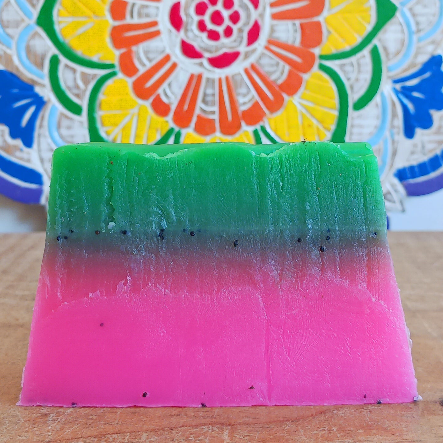 Treat yourself to a wonderfully fragrant Watermelon Handmade Soap, lovingly made using the melt-and-pour method with quality ingredients. Bursting with a fresh, tropical watermelon scent, this beautiful soap contains poppy seeds to provide gentle exfoliation, helping to buff away dry, dead skin and leave your skin feeling smoother, softer and refreshed.