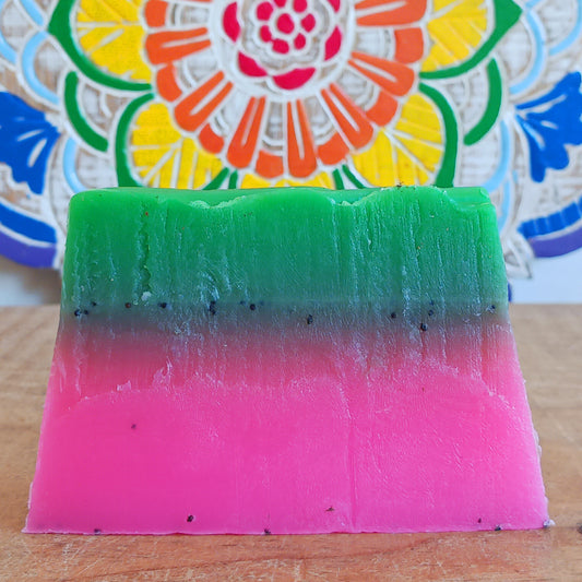 Treat yourself to a wonderfully fragrant Watermelon Handmade Soap, lovingly made using the melt-and-pour method with quality ingredients. Bursting with a fresh, tropical watermelon scent, this beautiful soap contains poppy seeds to provide gentle exfoliation, helping to buff away dry, dead skin and leave your skin feeling smoother, softer and refreshed.