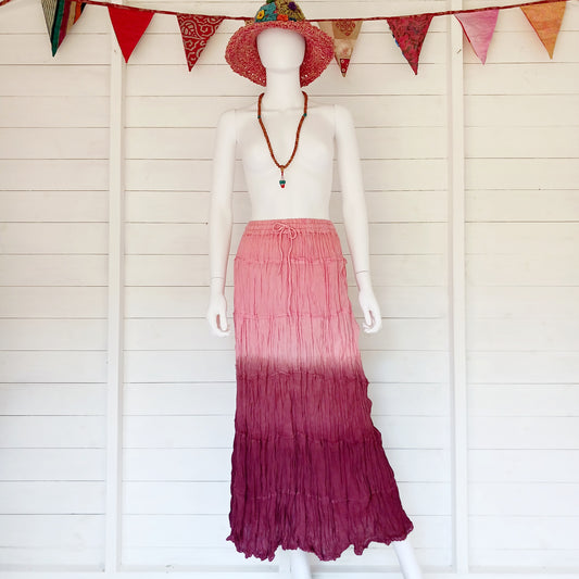 This beautiful Indian crinkle skirt is lovely and light so you can move with ease and comfort on a sunny day or a hot night.  Made from rayon crepe, you can’t go wrong with this lovely skirt, it will add to your flowing summer style. And as rayon is quick drying, it also makes this a great beach cover up skirt.