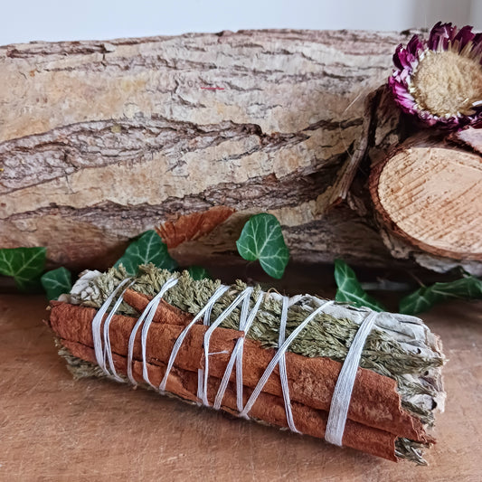This smudge stick features a combination of three sacred herbs, White Sage, Cedar and Cinnamon.