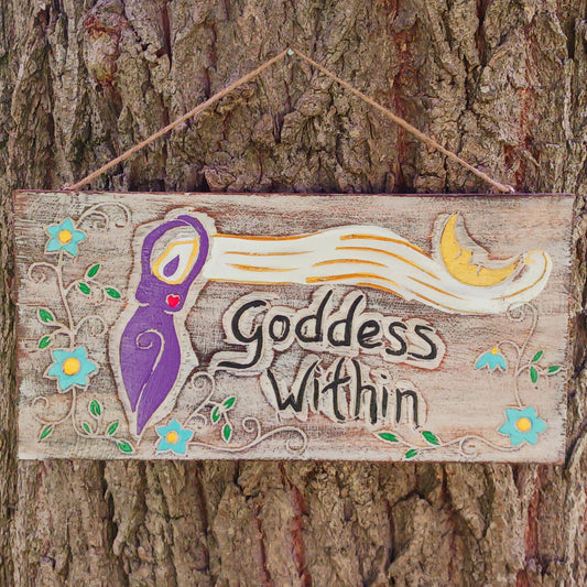 Celebrate your inner strength and feminine energy with this handmade rustic plaque, etched with the empowering message: "Goddess Within" and a beautifully detailed goddess figure. Crafted with care and finished with a sturdy, thick twine cord, this charming piece is perfect for hanging on walls, doors, sheds, or even trees. Whether indoors or out, it's a magical touch for any sacred space or nature-inspired decor.