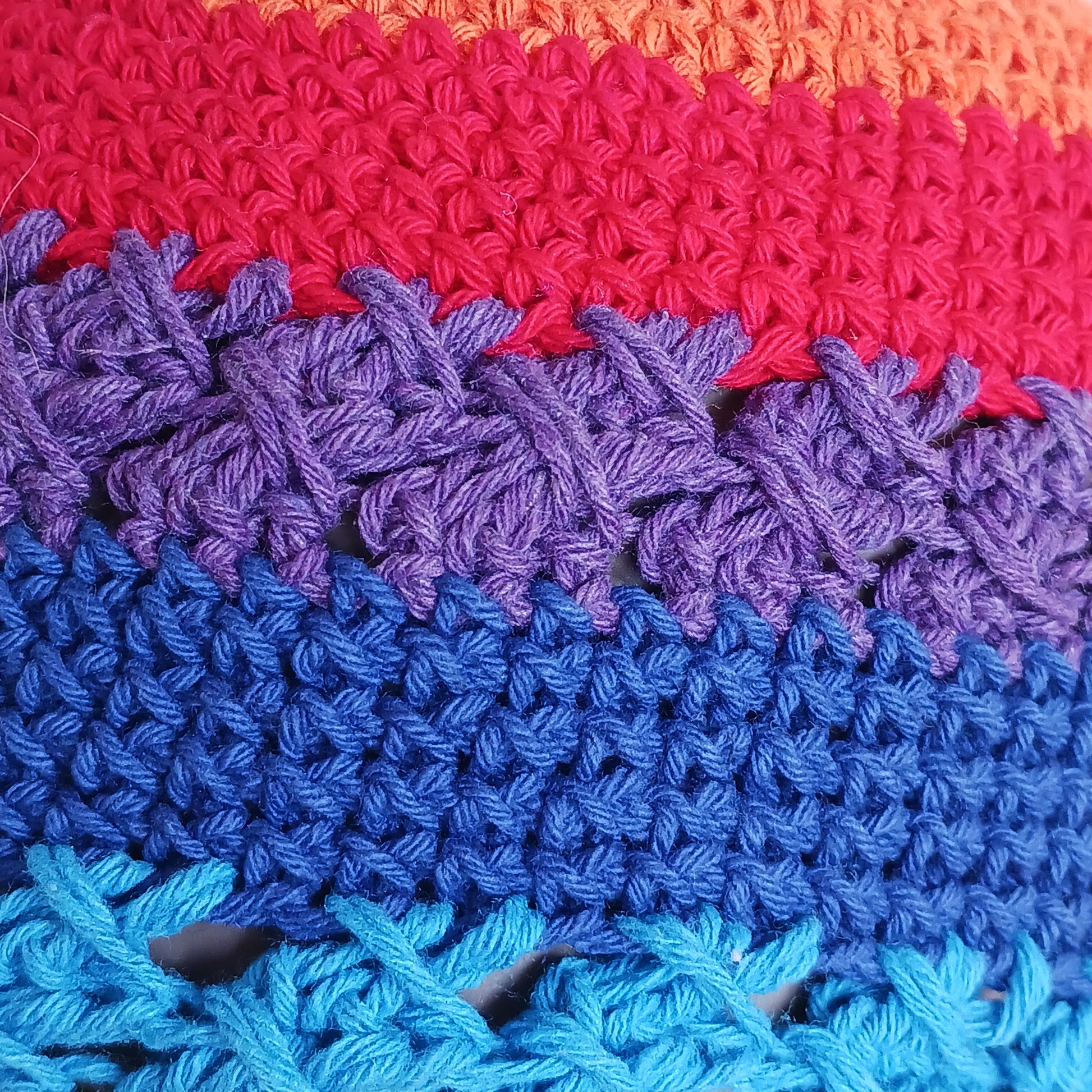 Handmade rainbow crochet sun hat with a flexible brim. Perfect for holidays, beach days & festivals. Unique, lightweight, and ready for sunny adventures!