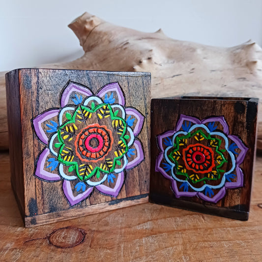 Add a burst of colour and joy to your space with this Hand Painted Mandala Wooden Pots Set, handmade in Indonesia and Fairtrade certified. Each pot is carefully painted by skilled artisans, making every set unique and full of character.