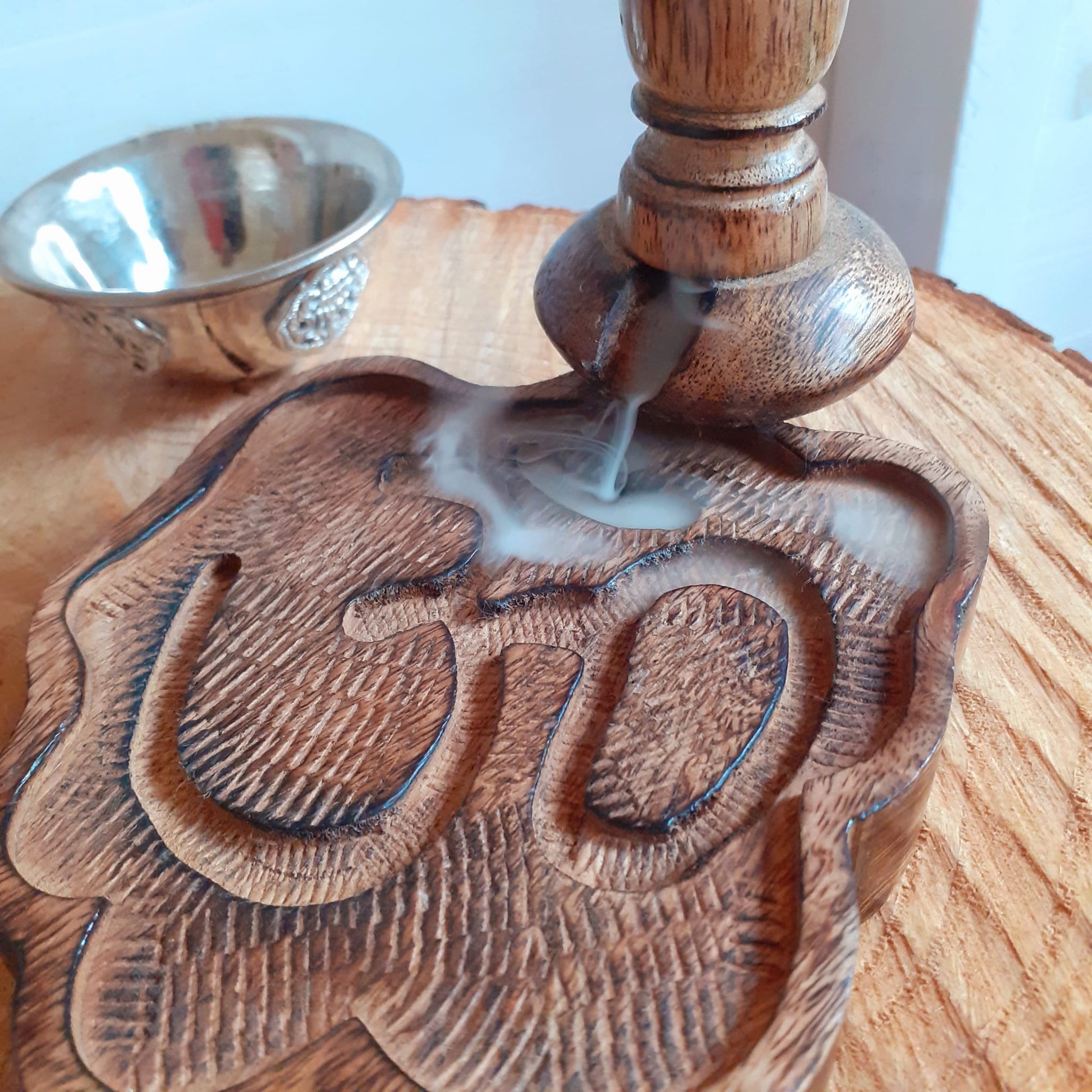 Hand carved Om Mango Wood Backflow Burner 