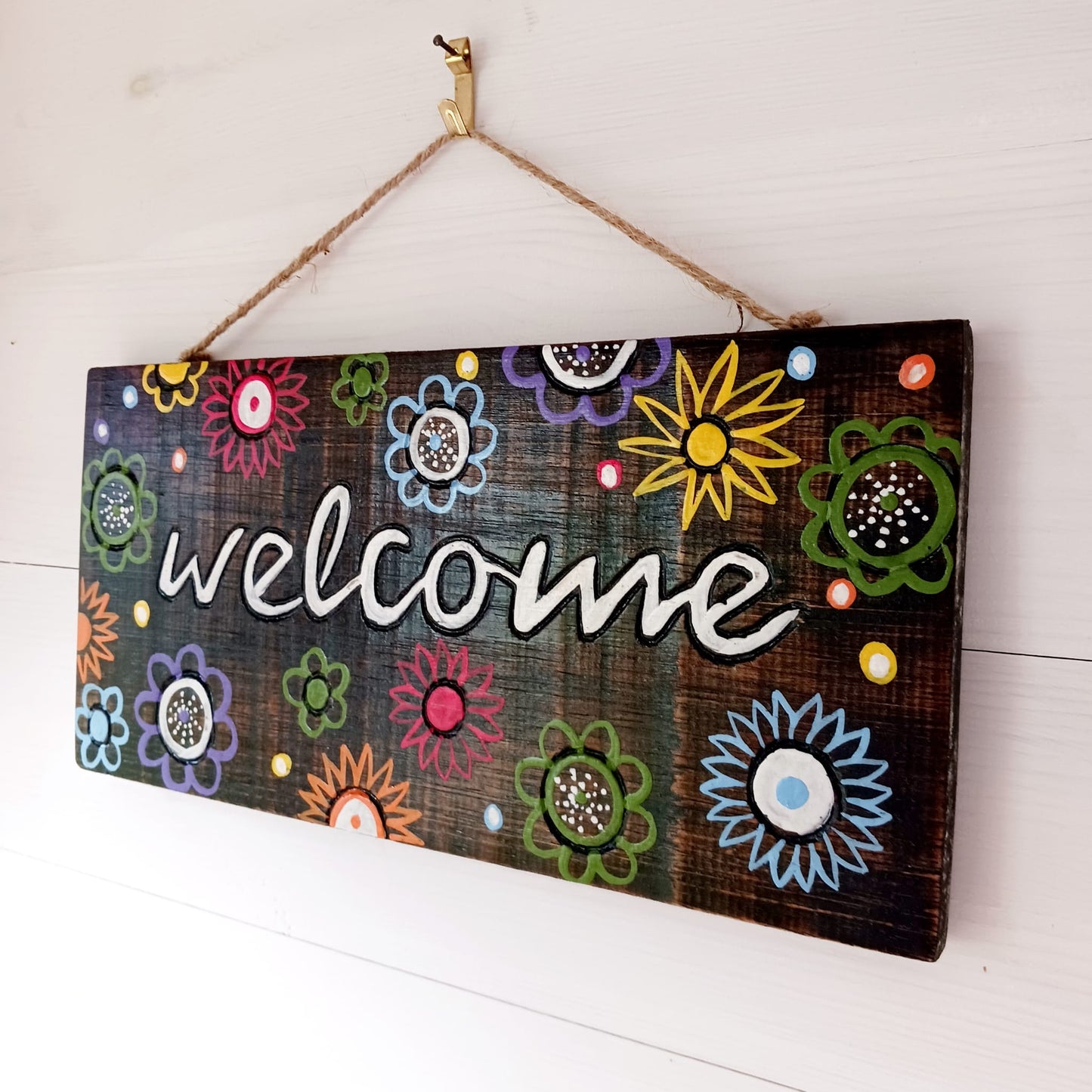 Welcome Plaque wooden Sign | Front door welcome sign with flowers