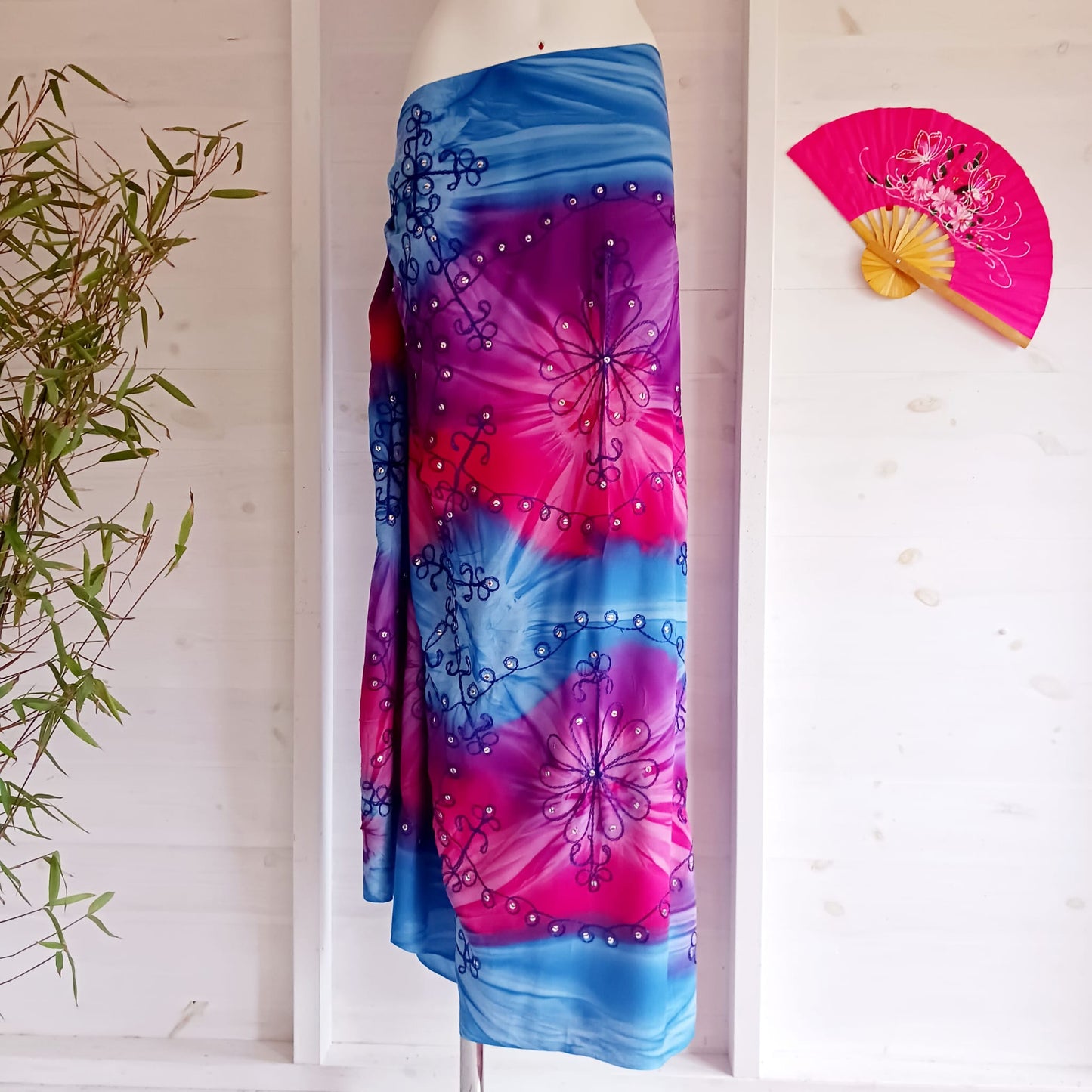 Cosmic Tie Dye Embroidered Sarong | Beach wrap Blue Purple Pink