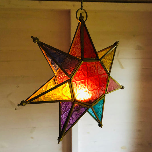 Moroccan Style Star Lantern in Coloured Glass | Size: 25 x 25 x 6cm