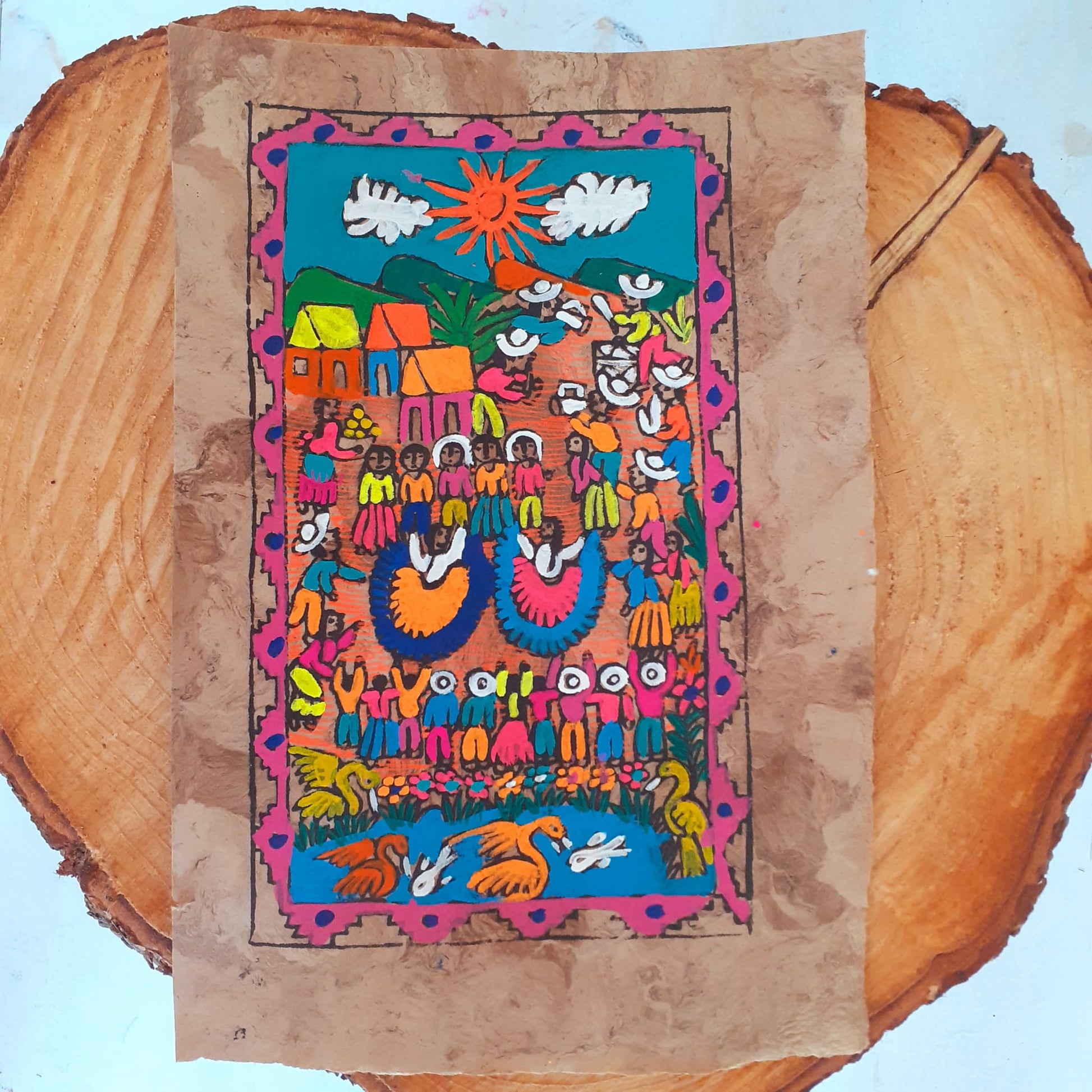 Handmade Mexican Bark Scene Painting | Mexican Folk art and Culture