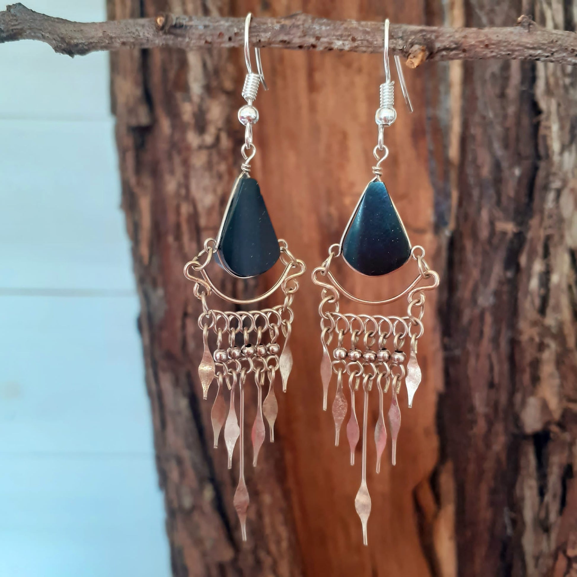 Peruvian Stone Tear Drop Earrings Silver Plated Hooks