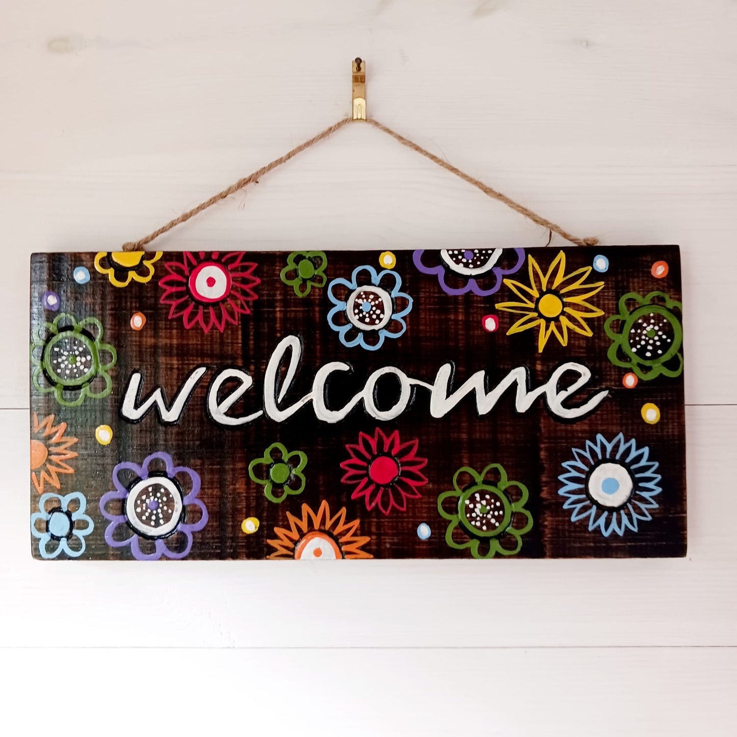 Welcome Plaque wooden Sign | Front door welcome sign with flowers