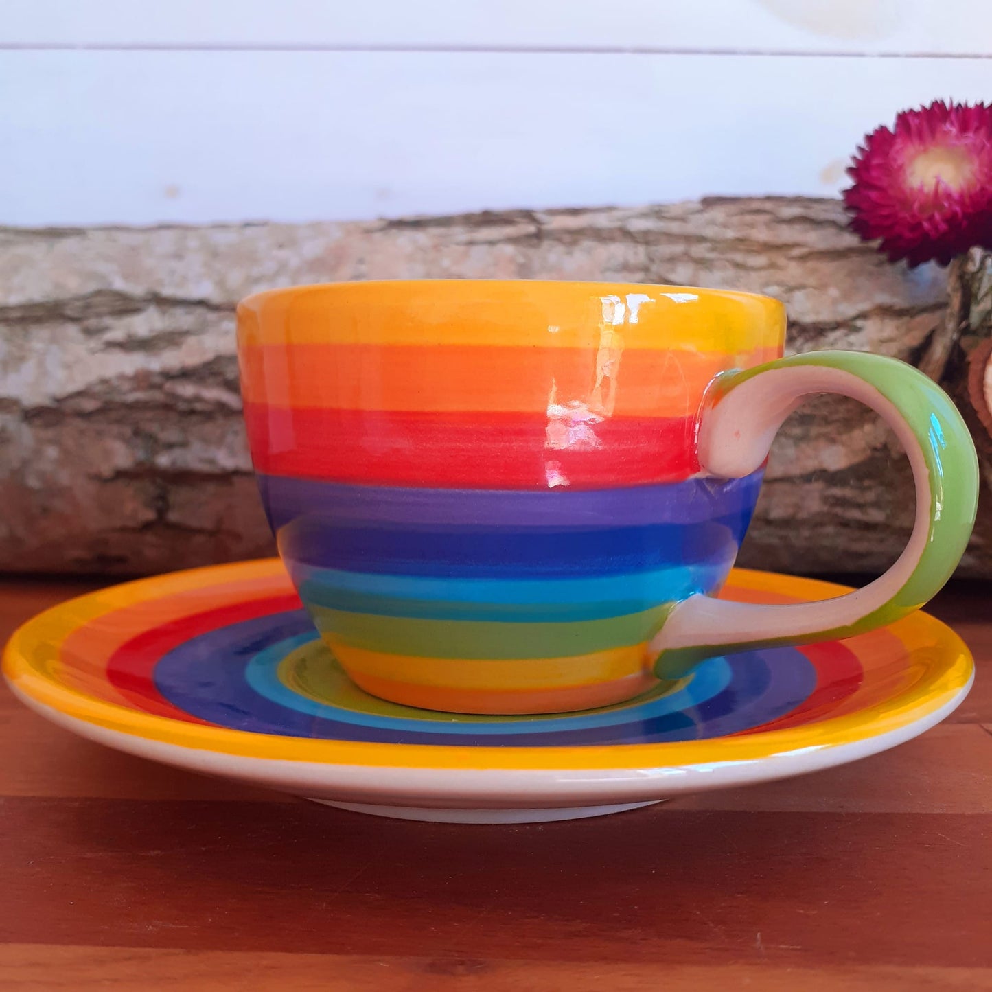 Hand painted rainbow coffee cup and saucer