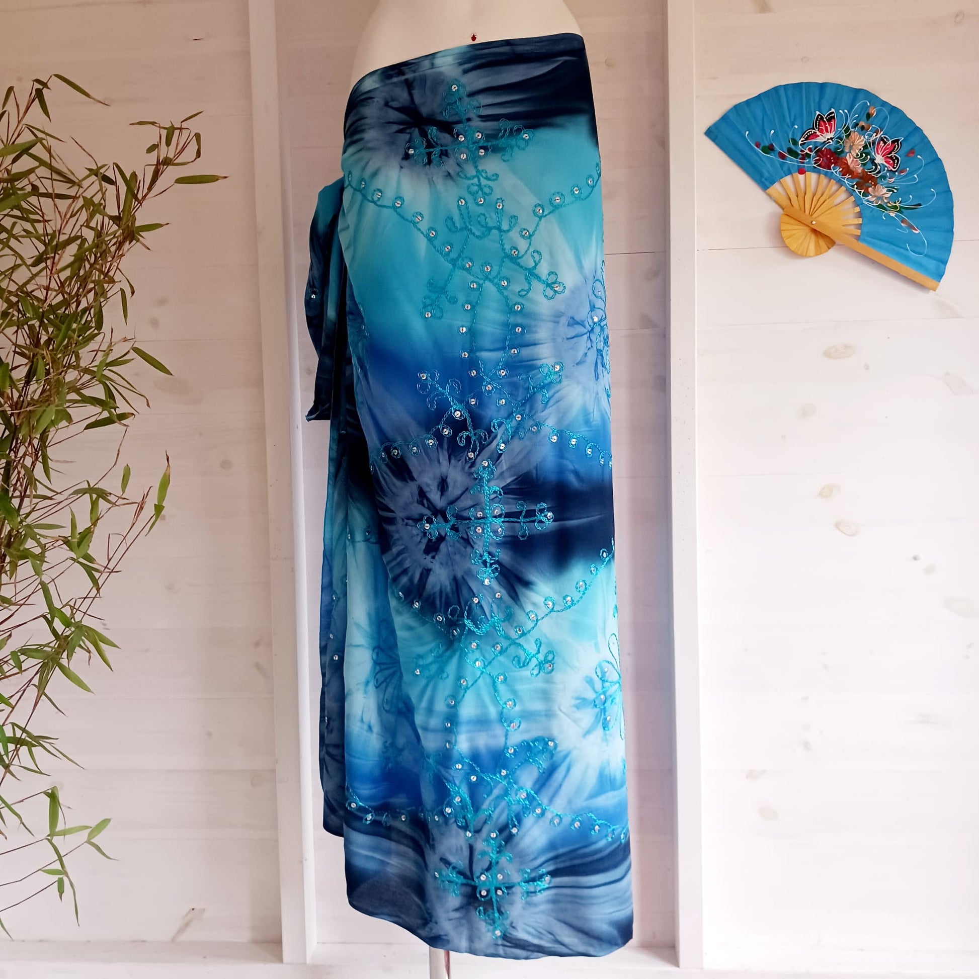 Cosmic Tie Dye Embroidered Sarong | Beach wrap Blue