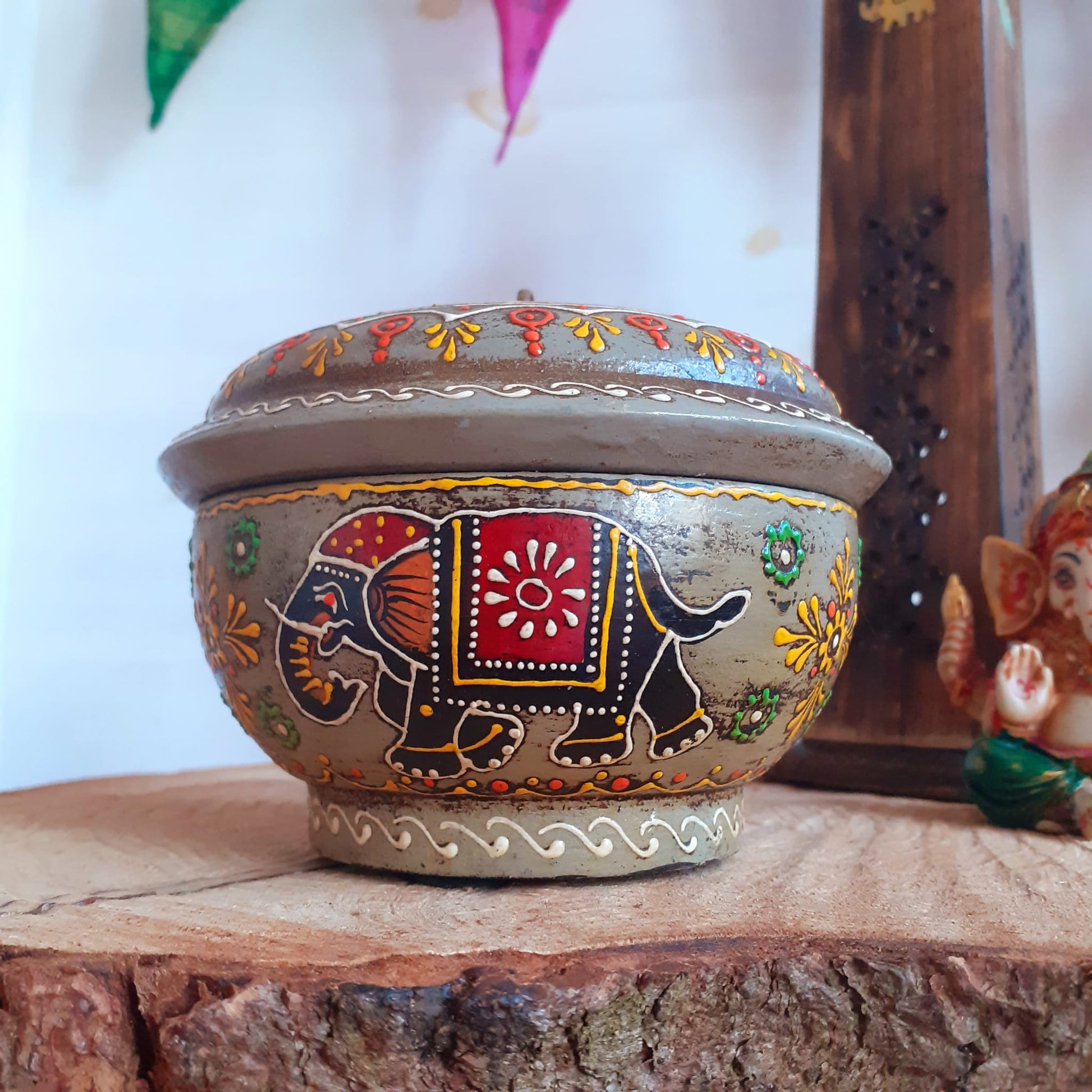 Indian Hand Painted Trinket Box  Elephant Design