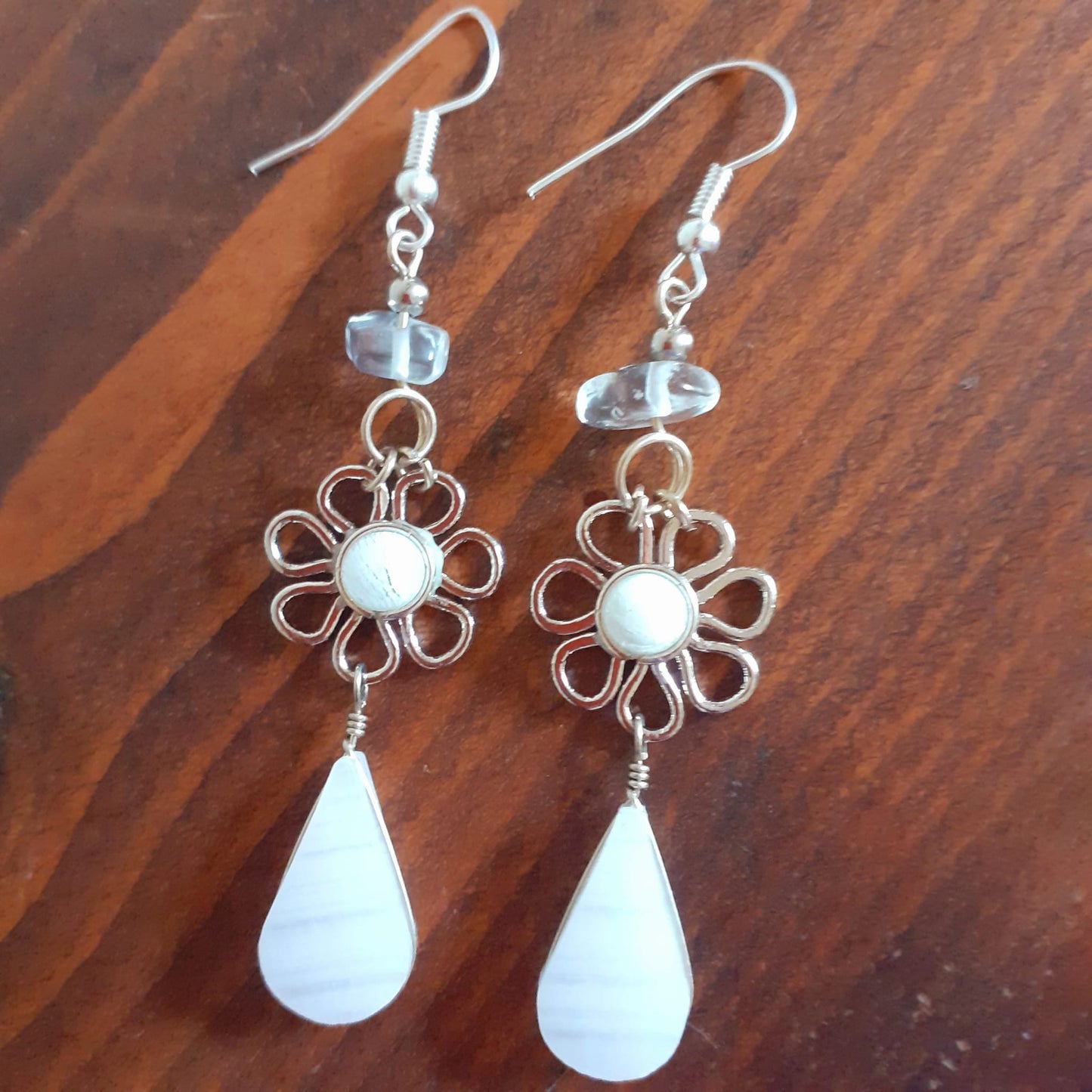 Peruvian Stone Drop Flower Earrings Silver Plated Hooks