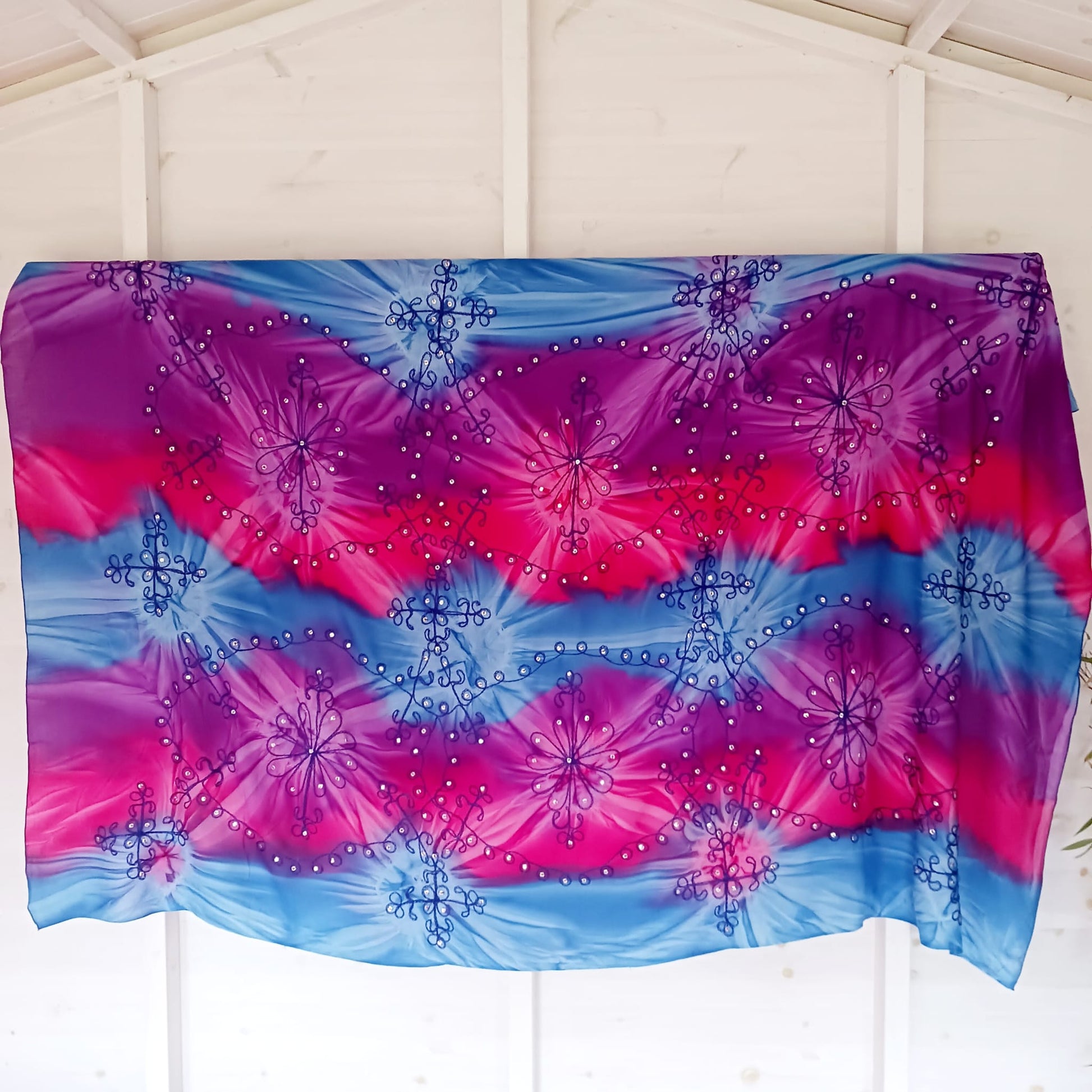 Cosmic Tie Dye Embroidered Sarong | Beach wrap Blue Purple Pink