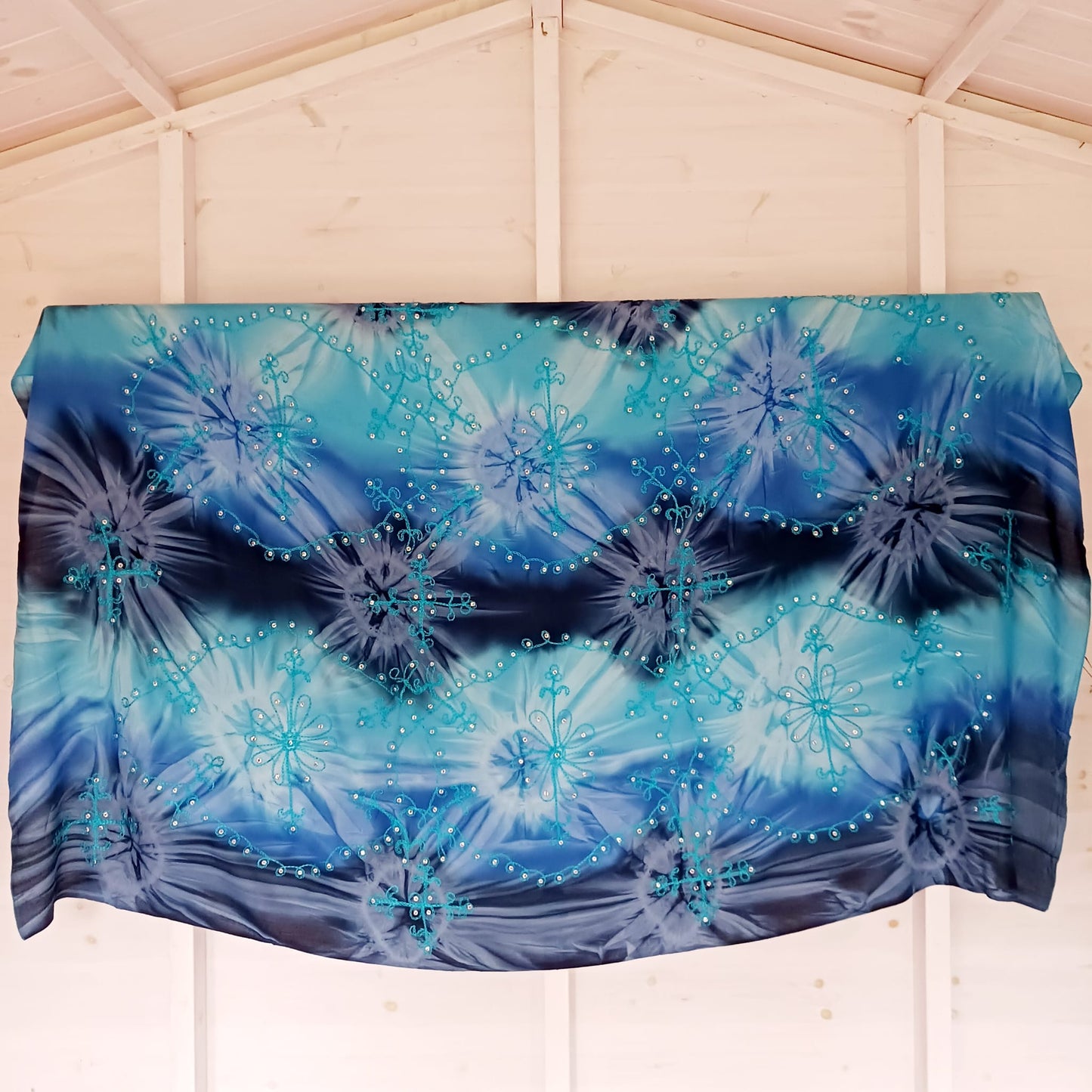 Cosmic Tie Dye Embroidered Sarong | Beach wrap Blue