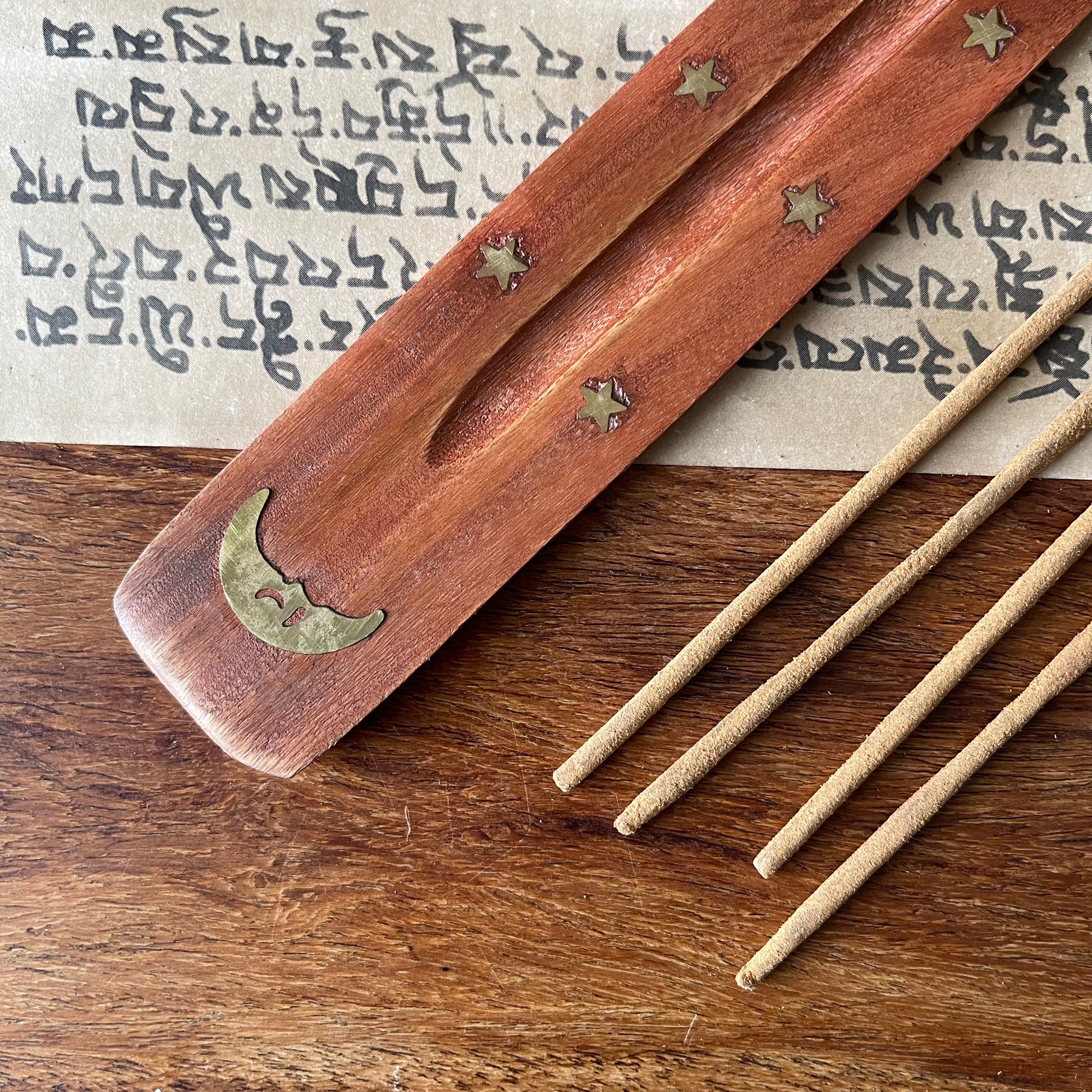 Moon wooden brass inlay ash catcher | Wood Joss stick holder