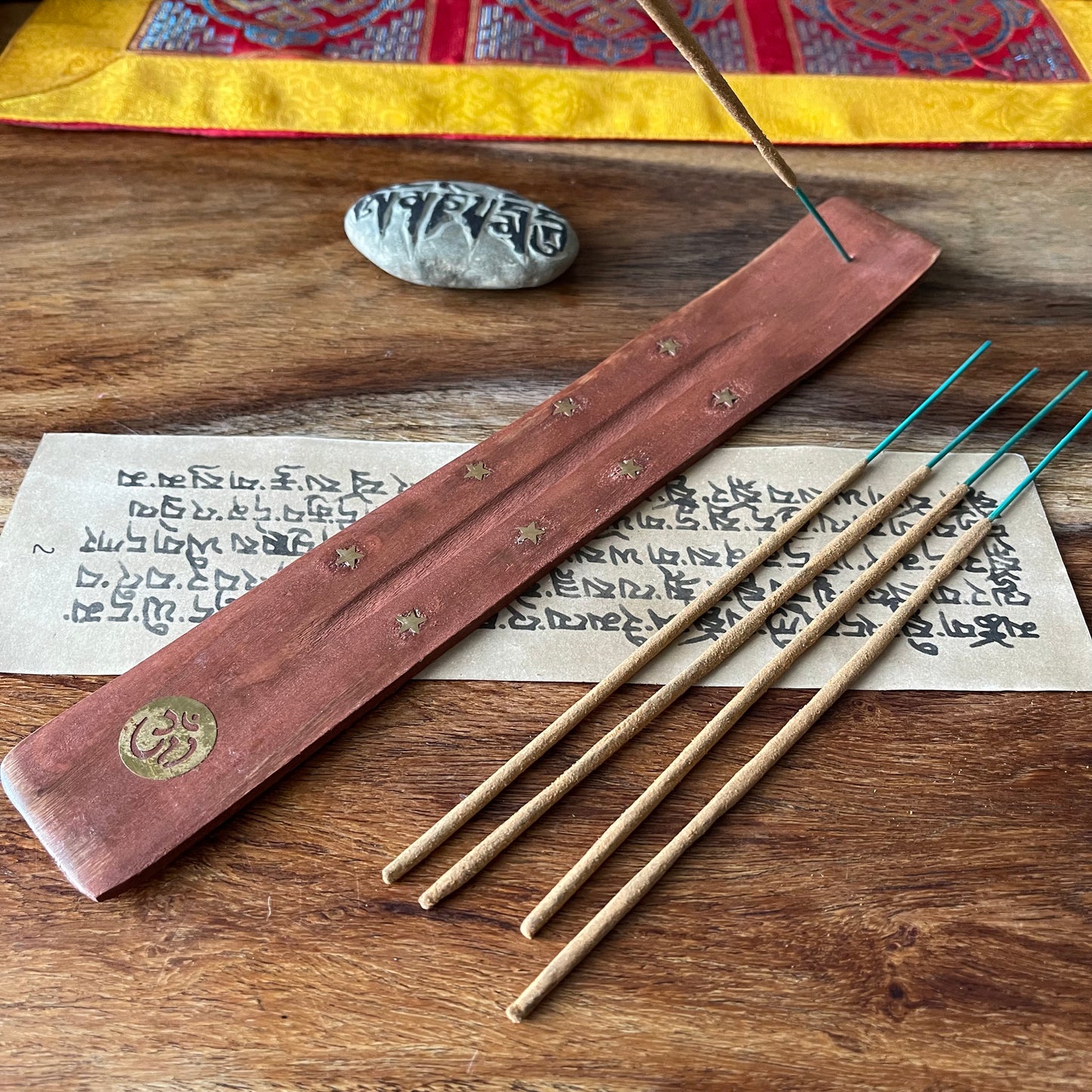 Om wooden brass inlay ash catcher | Wood Joss stick holder