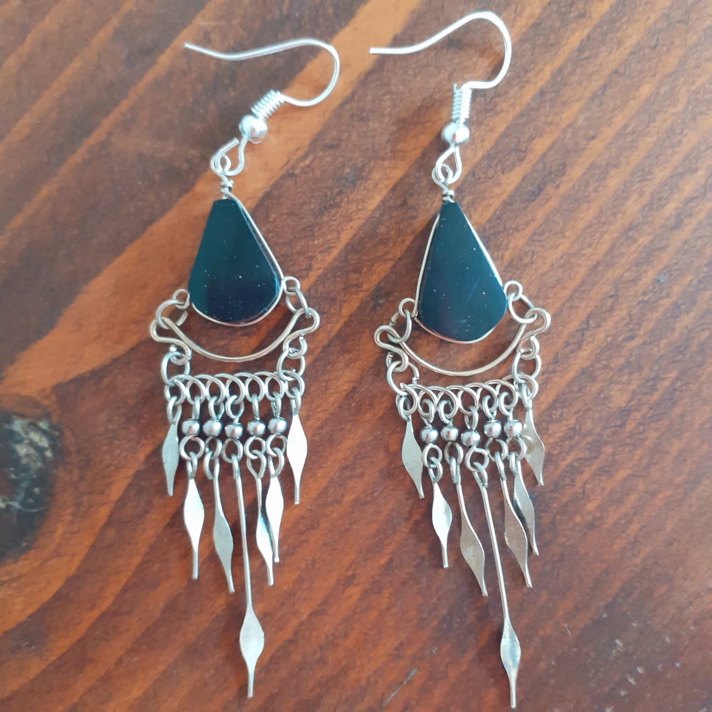 Peruvian Stone Tear Drop Earrings Silver Plated Hooks