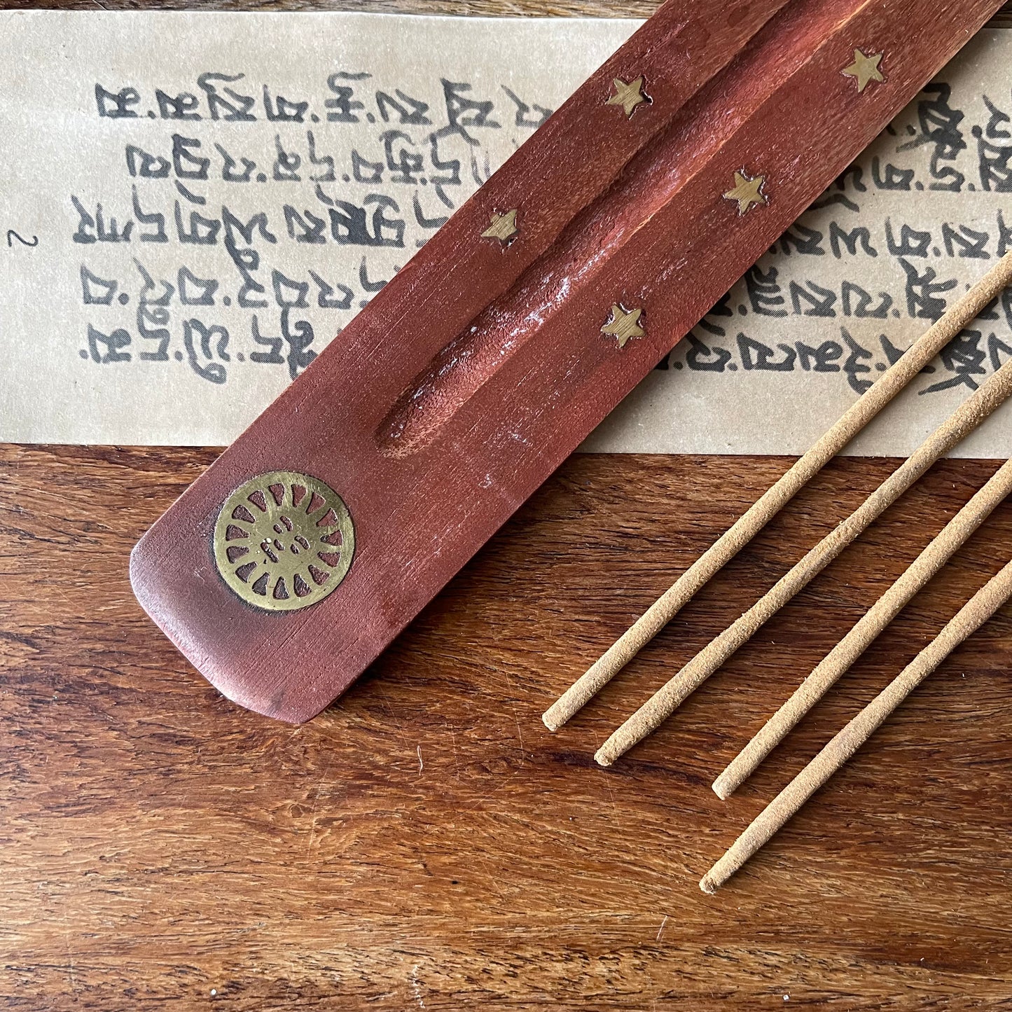 Sun wooden brass inlay ash catcher | Wood Joss stick holder