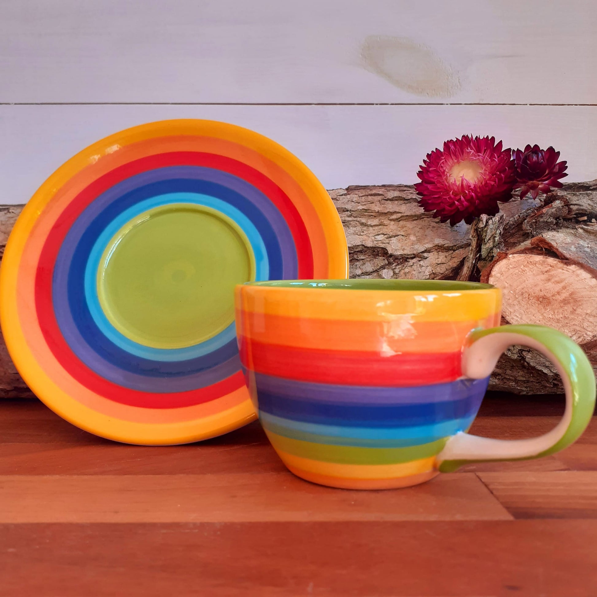 Hand painted rainbow coffee cup and saucer